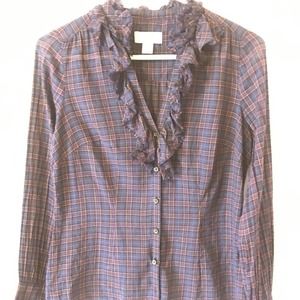 ANN Taylor Top Blue Purple Plaid V Neck Exaggerated Ruffle‎ Button Up Womens 4P